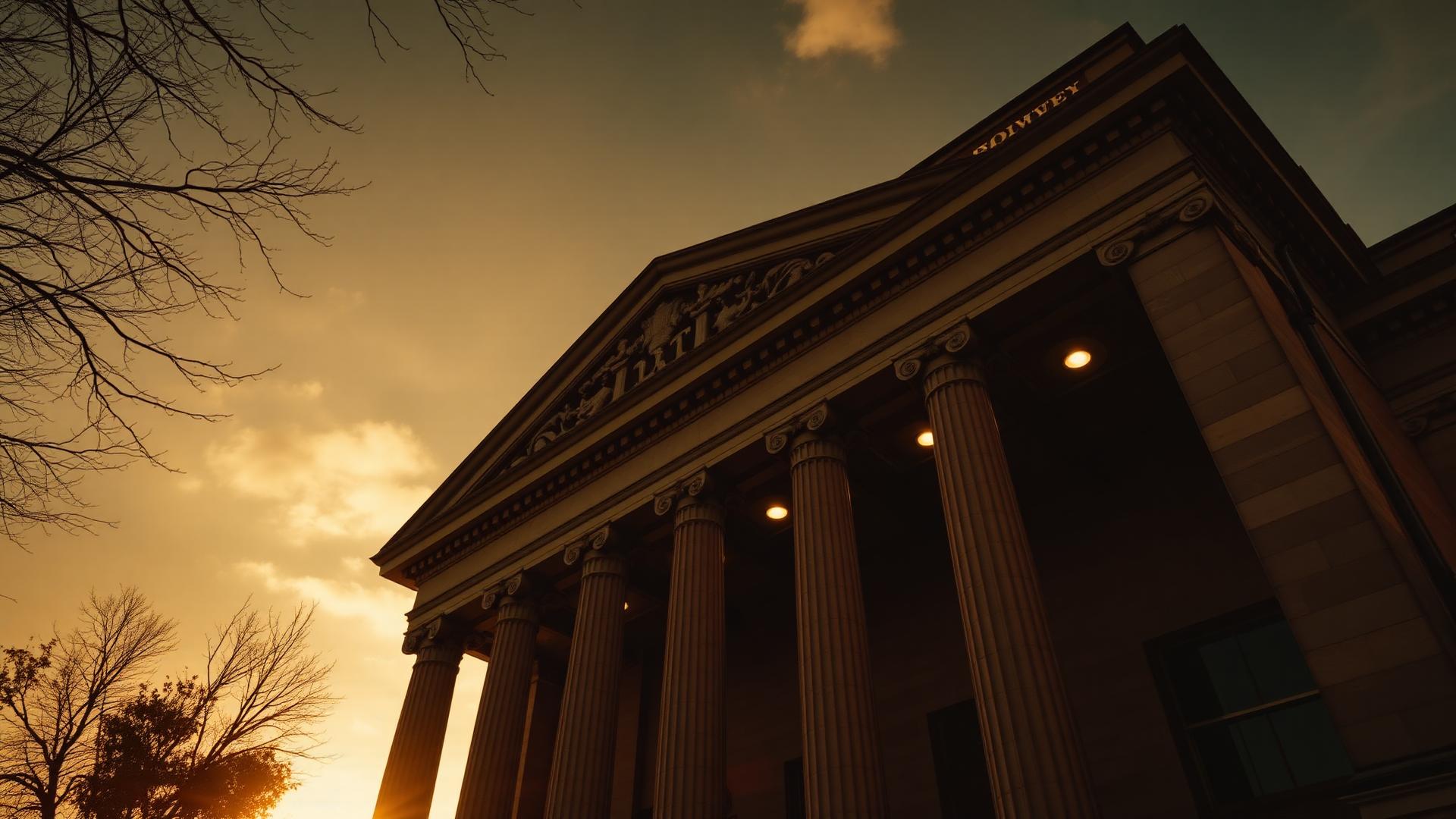 Classical courthouse pillars at sunset